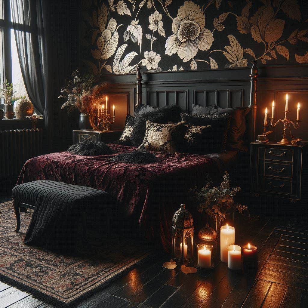 Dark Floral Wallpaper for a Romantic Boho Gothic Bedroom