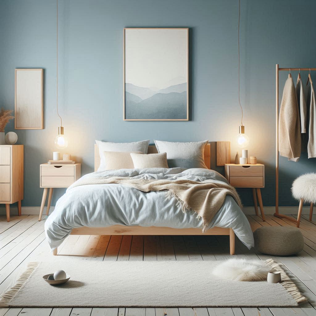 Scandinavian Simplicity: Cozy Minimalist Blue Bedroom Aesthetic