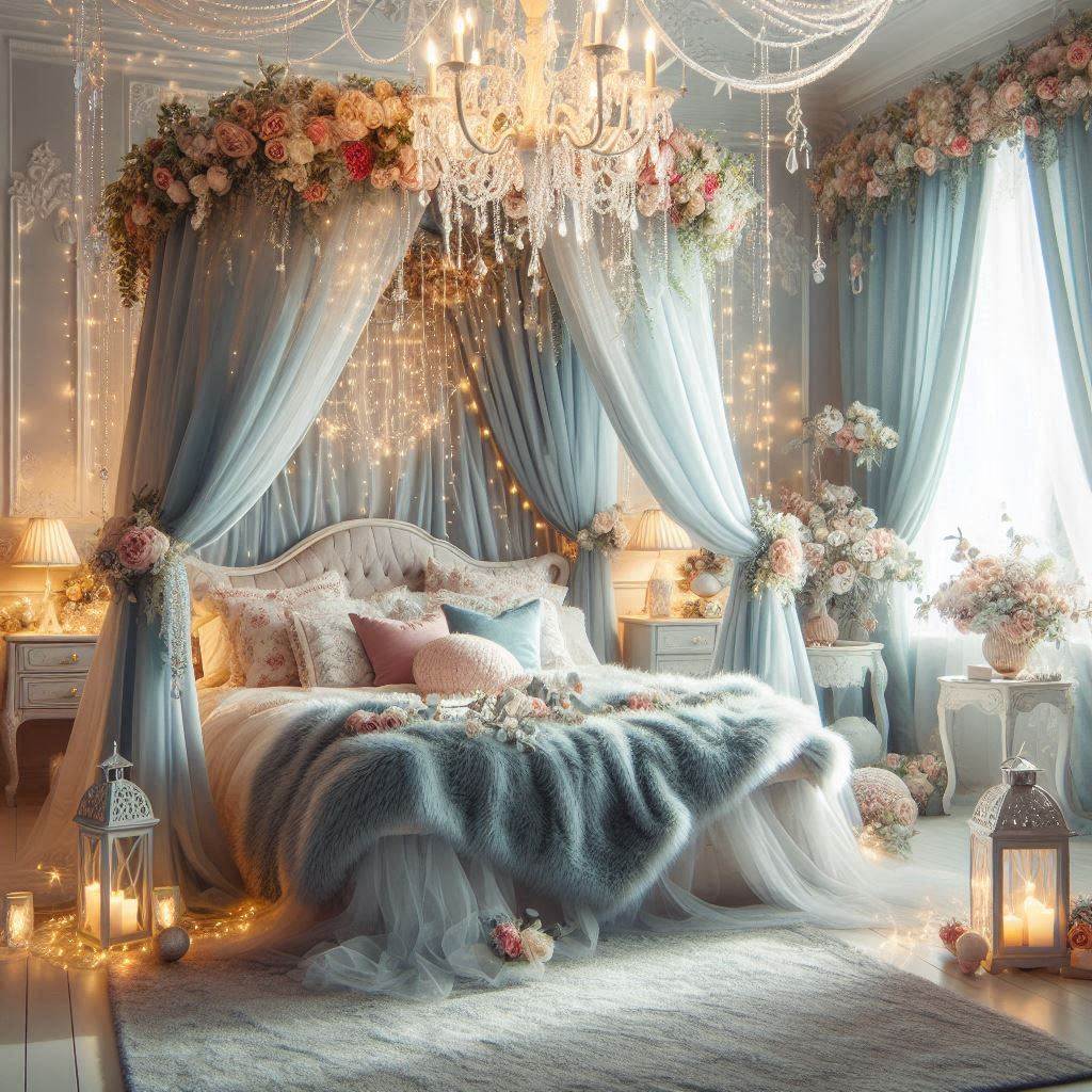 Whimsical Fairytale: Cozy Blue Bedroom with Canopy Bed