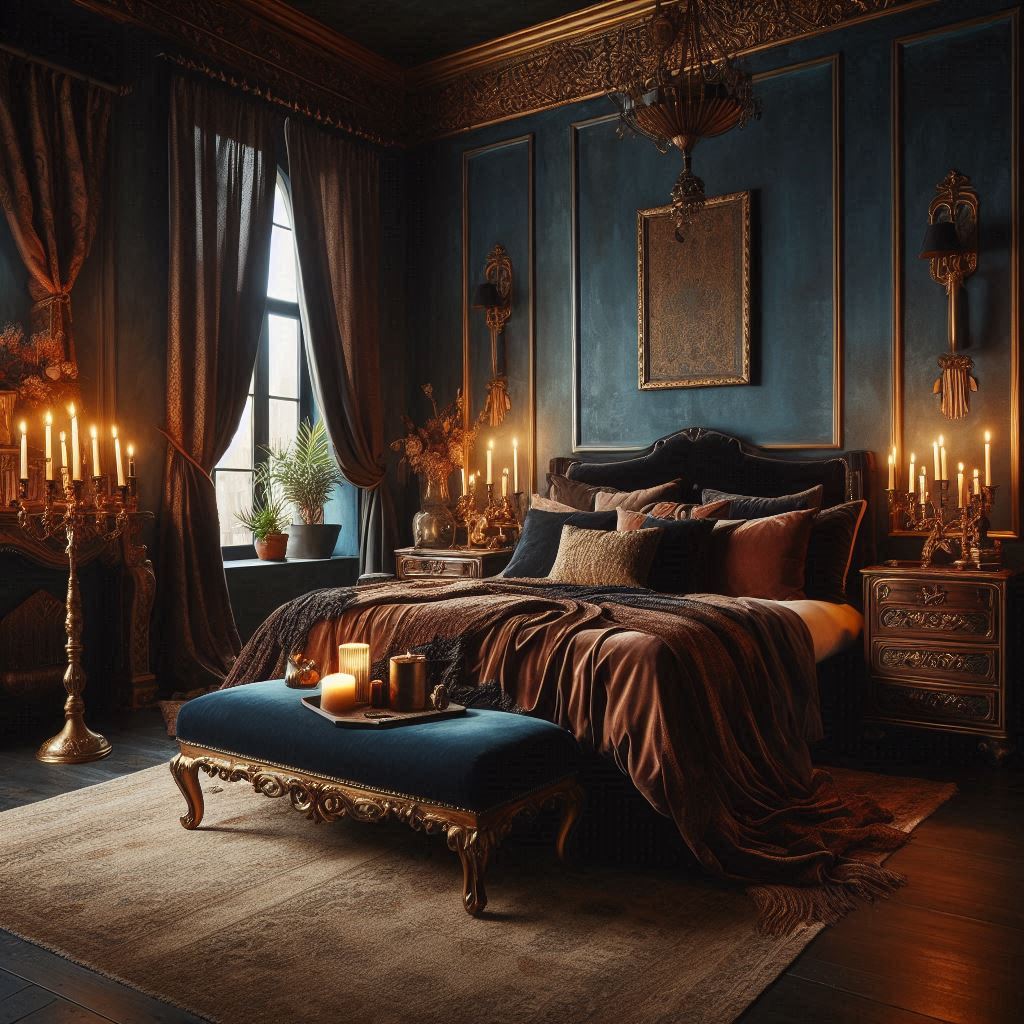 Moody Mediterranean Bedroom with Dramatic Elegance