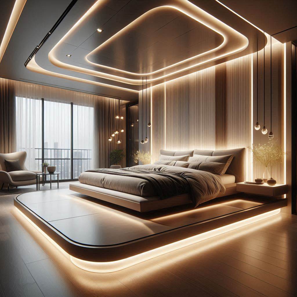 Floating Bed with Hidden LED Lights