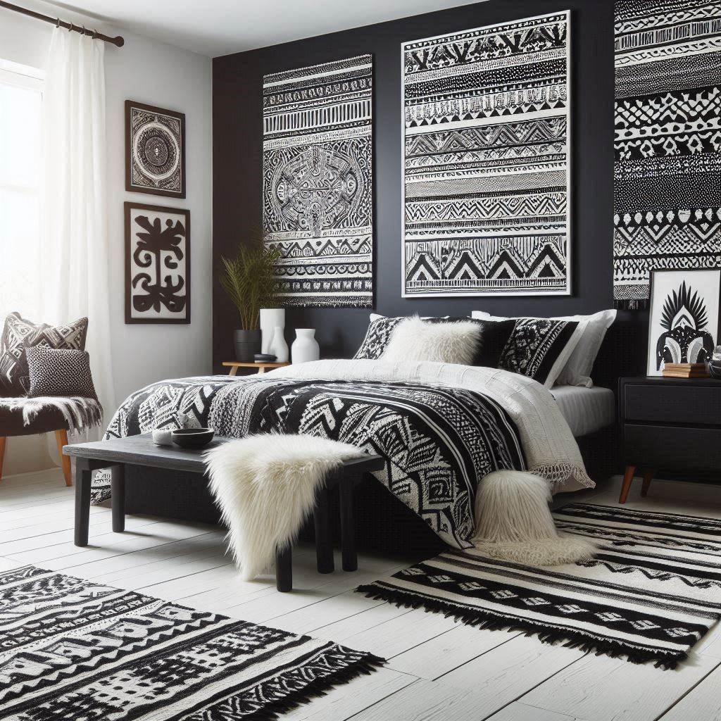 Black and White Boho Bedroom with Tribal Prints