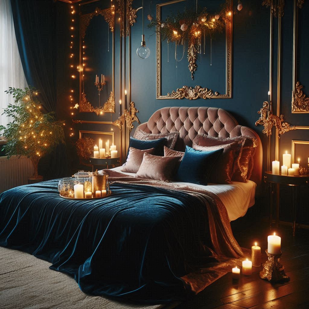 Romantic Twilight: Dark Blue and Gold Cozy Bedroom Aesthetic