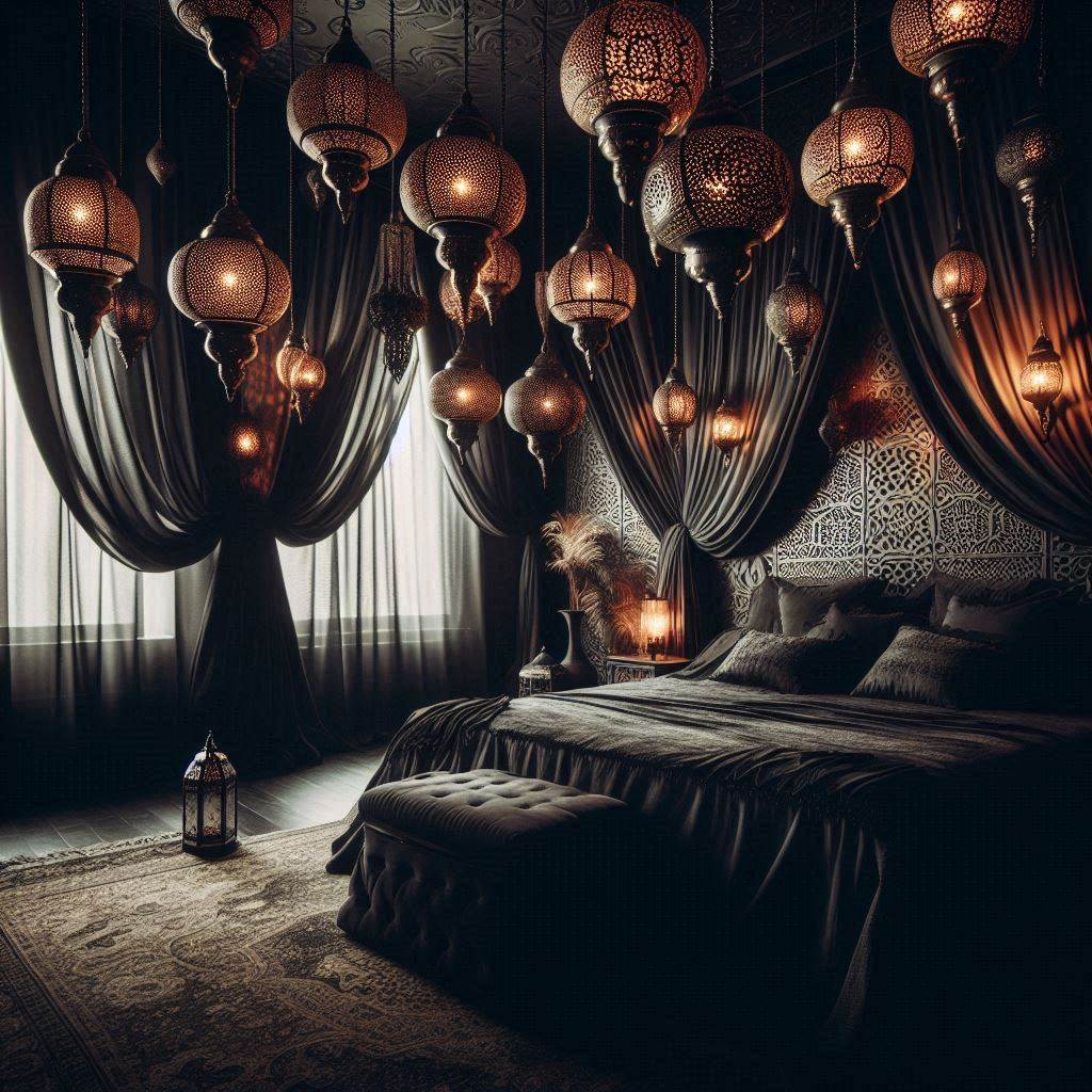 Hanging Lanterns for a Mysterious Boho Dark Bedroom