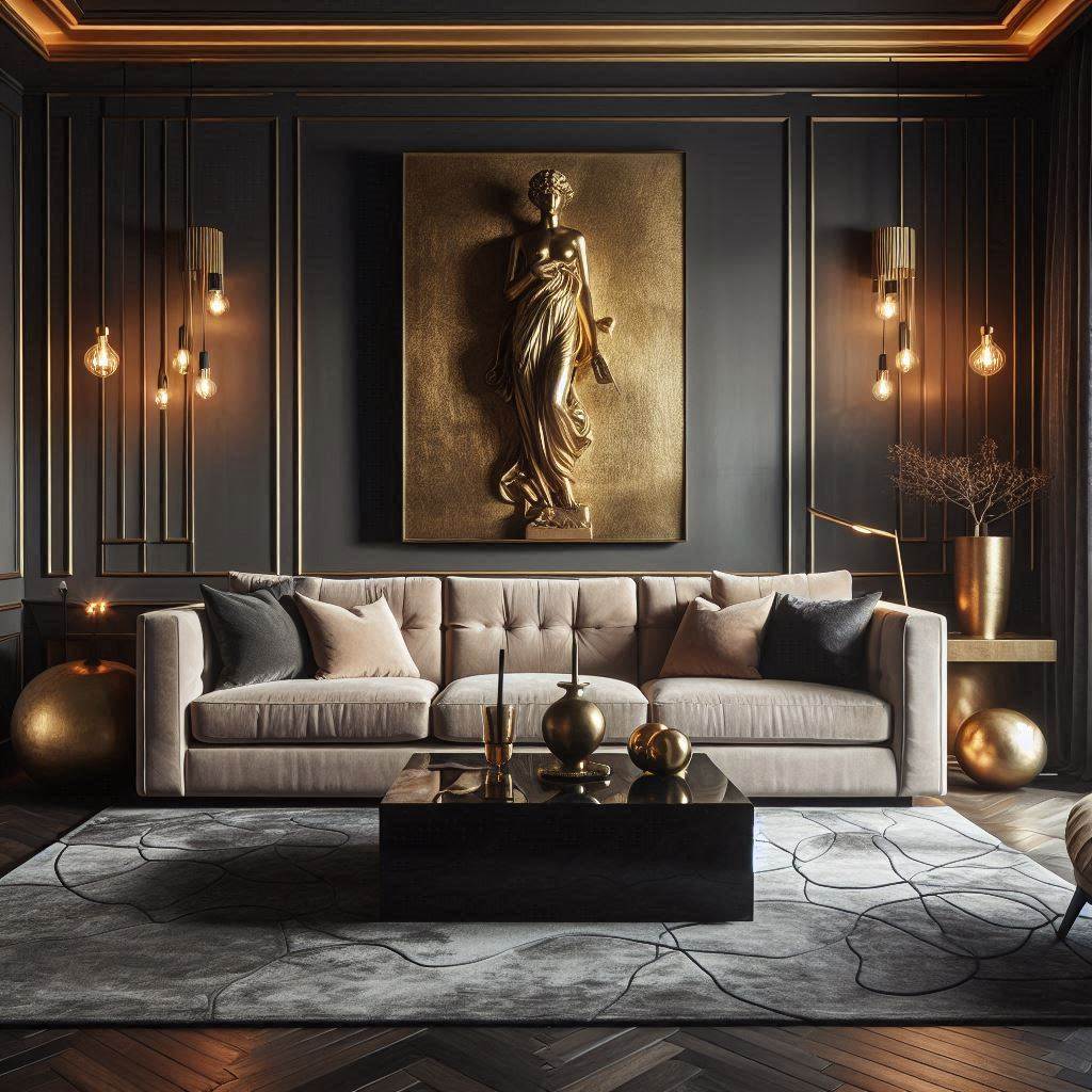 18 Breathtaking Dark Modern Living Room Luxury Ideas for a Sophisticated Ambiance 16 Soft Beige Accents in a Dark Space