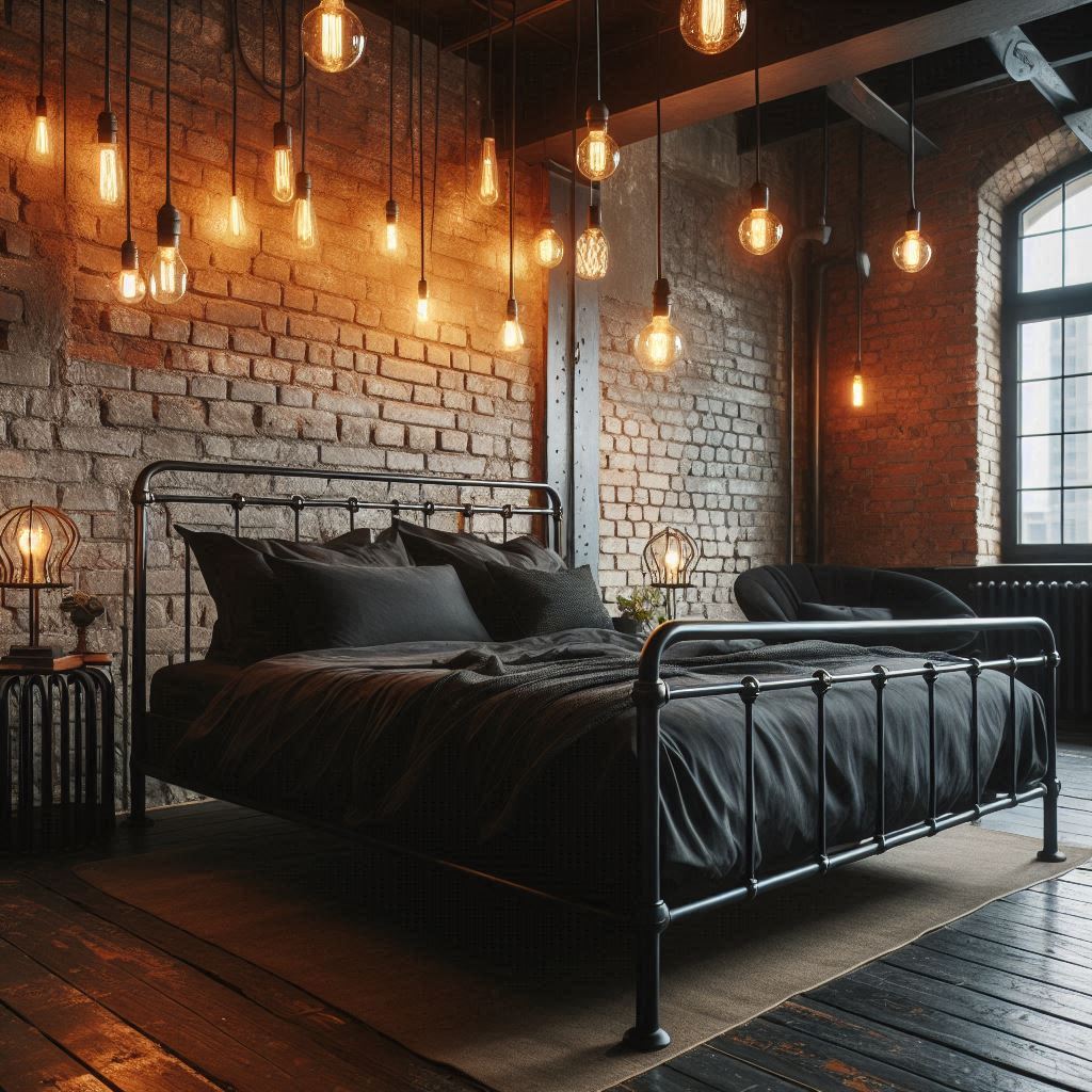 Black Iron Bed in an Industrial Loft Setting