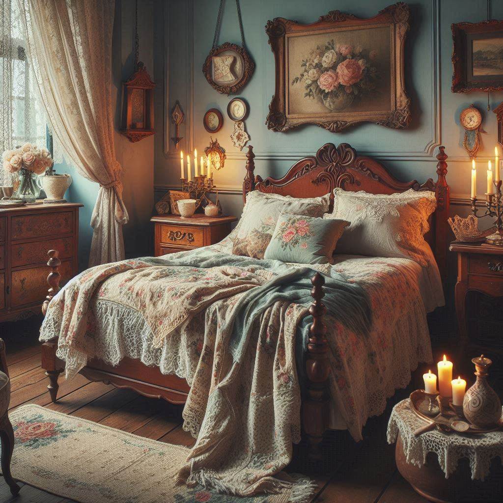 Vintage Charm: Cozy Blue Bedroom with Antique Accents