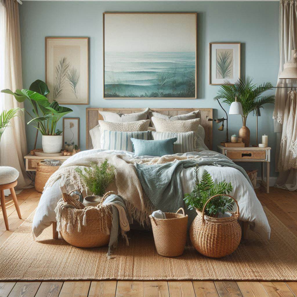 Rustic Coastal Haven: Cozy Blue and Wood Bedroom Aesthetic