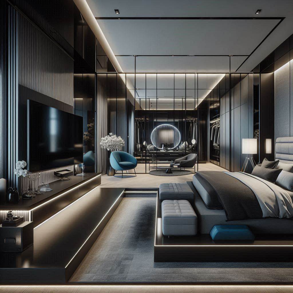 A Futuristic Modern Bedroom with Black Accents