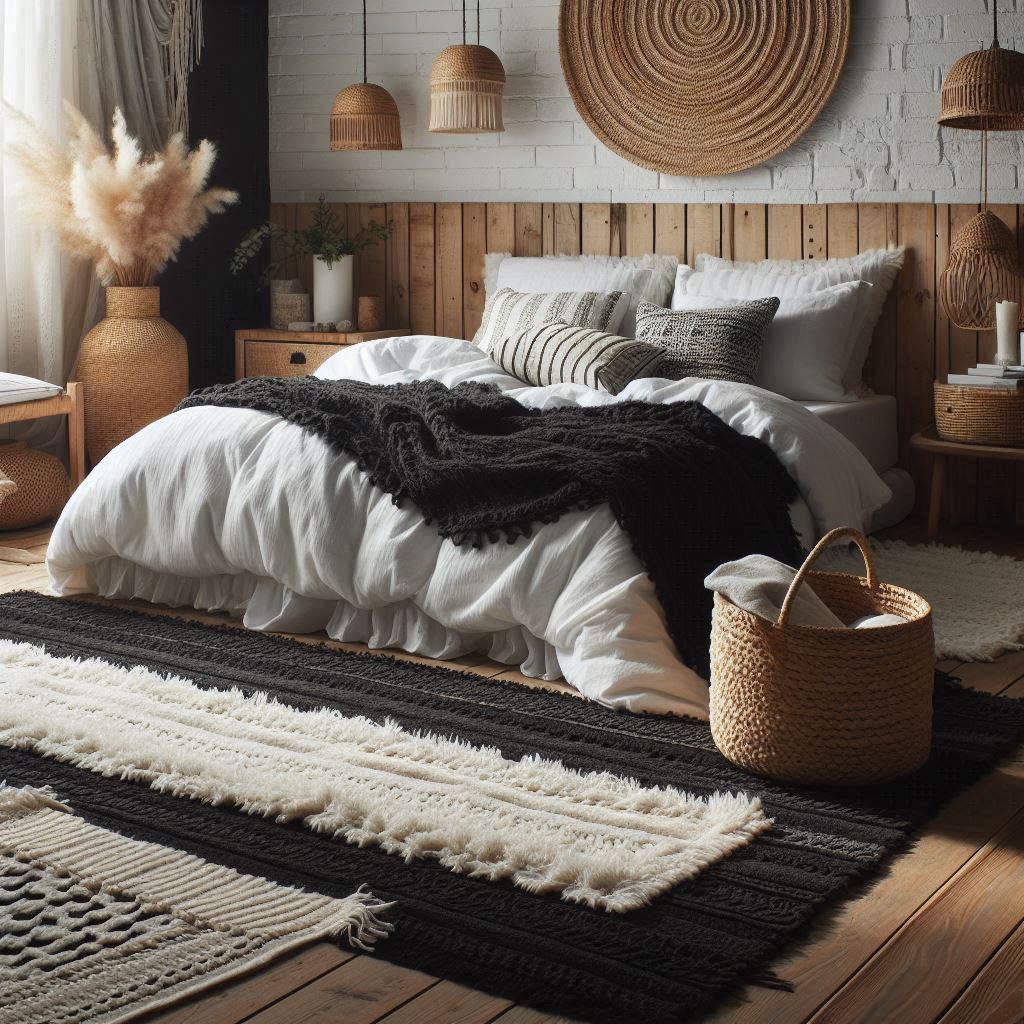 Layered Rugs for a Cozy Black and White Boho Bedroom