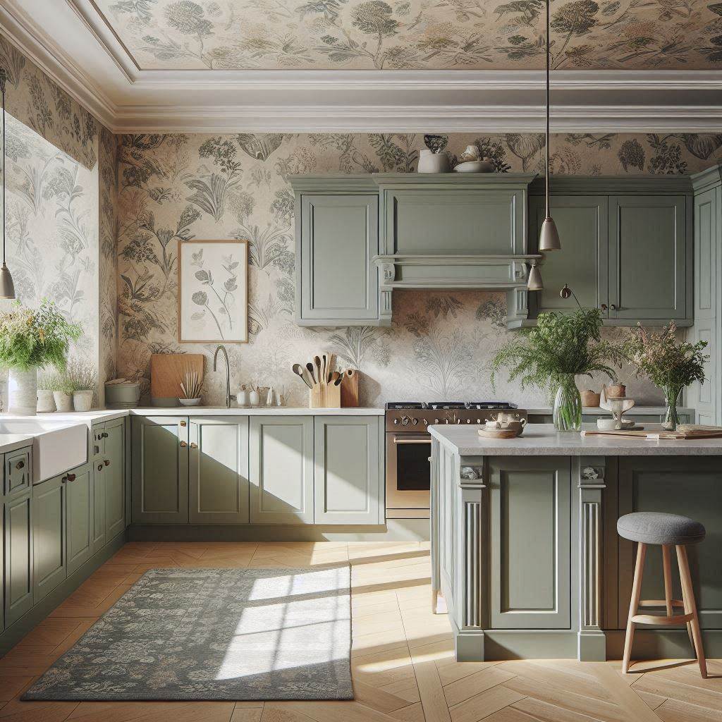 16 Green Kitchen Cabinets Ideas to Refresh Your Kitchen in 2025 11 Sage Green Cabinets with Botanical Wallpaper