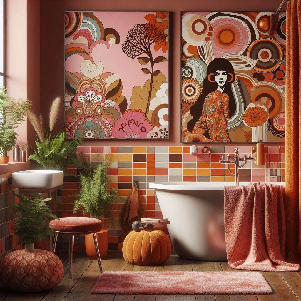 16 Romantic Ideas to Capture the 70s Bathroom Aesthetic 16 Add Funky Wall Art