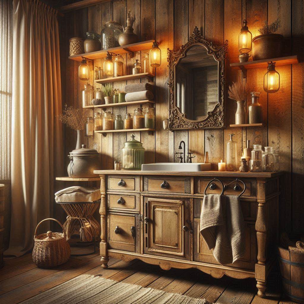 16 Dreamy Antique Bathroom Decor Ideas to Elevate Your Vintage-Inspired Sanctuary 5 Weathered Wood Accents