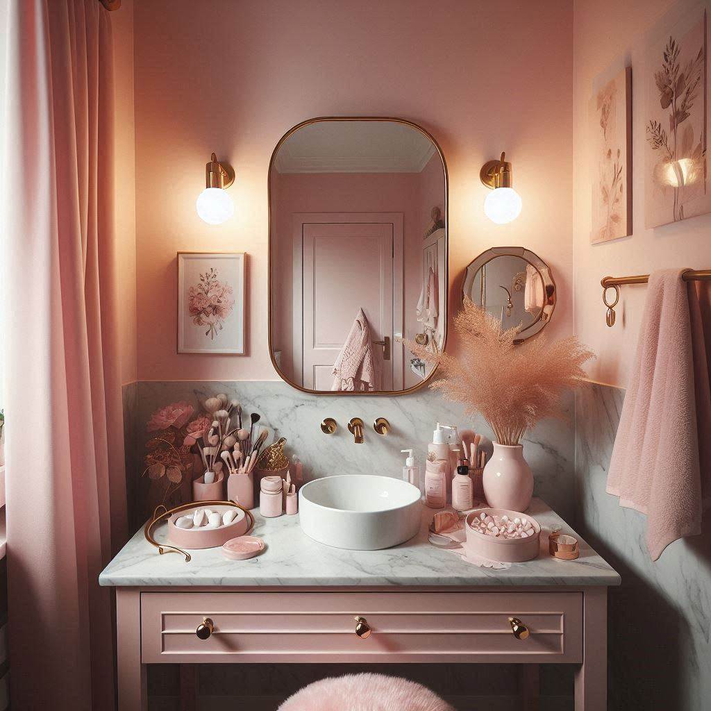 15 Dreamy Small Bathroom Decor Ideas That Will Instantly Transform Your Space 2 Blush and Gold Accents for a Girly Glow-Up