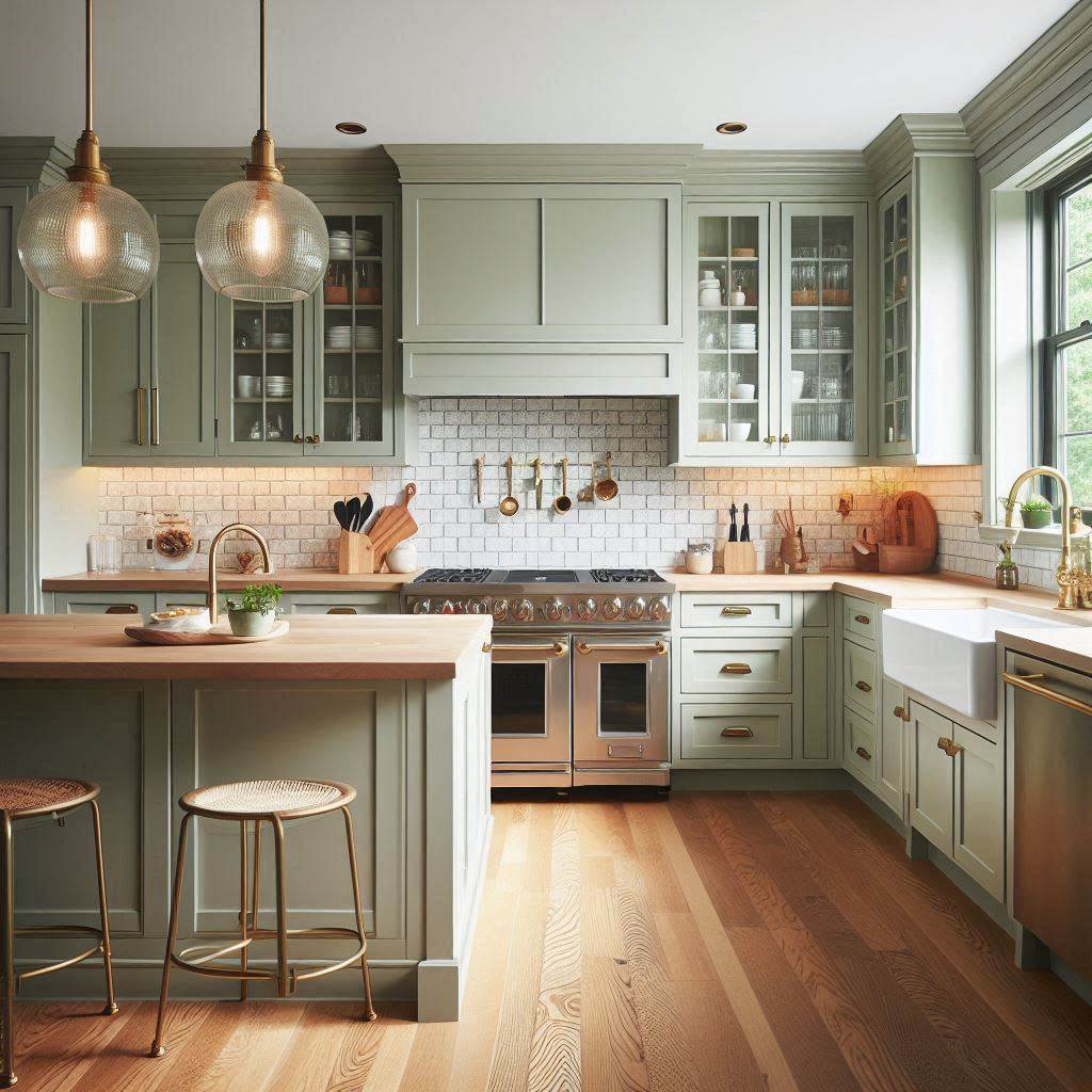16 Green Kitchen Cabinets Ideas to Refresh Your Kitchen in 2025 6 Sage Green Cabinets with Textured Tile Backsplash