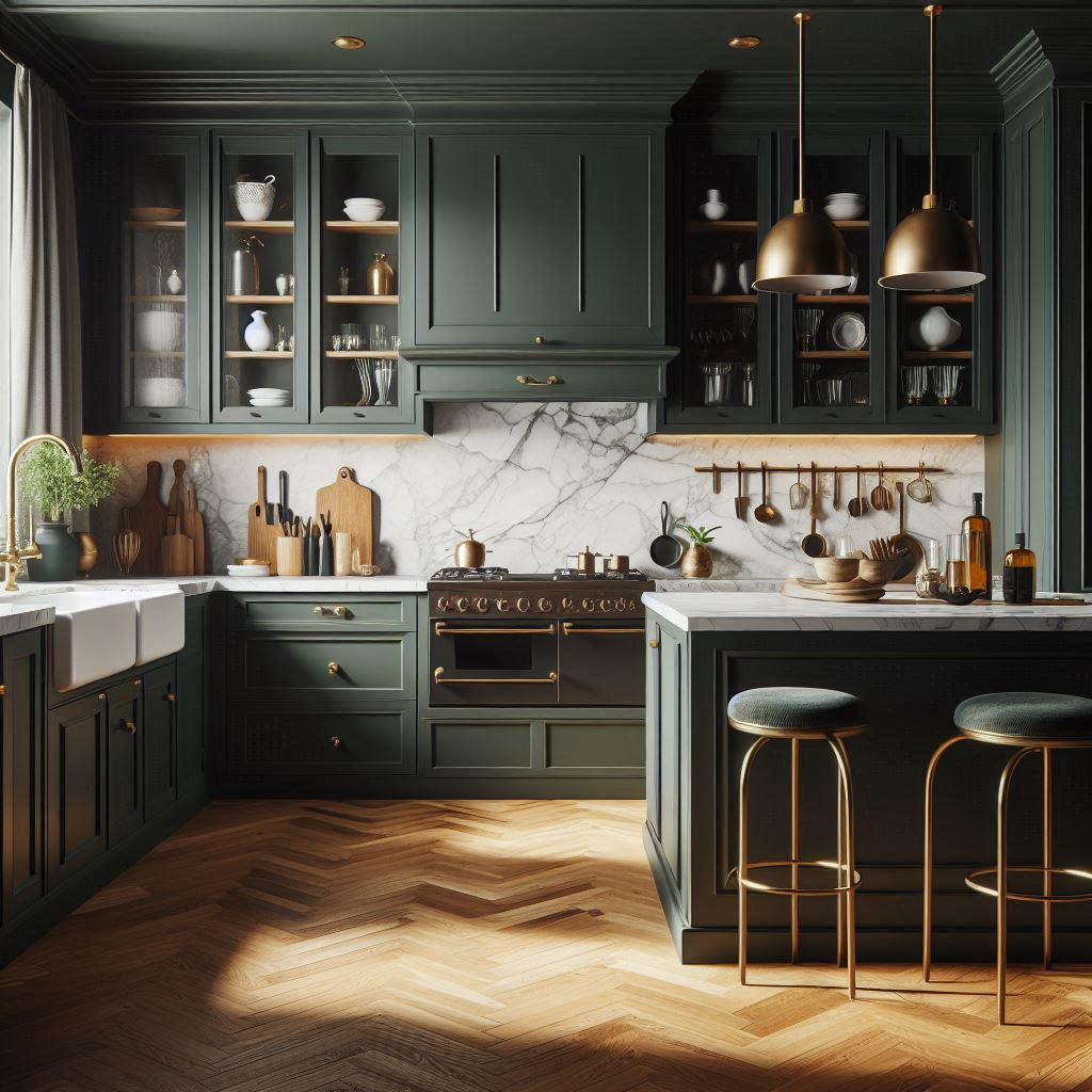 15 Stunning Kitchen Cabinet Color Ideas 10 Forest Green with Brass Accents