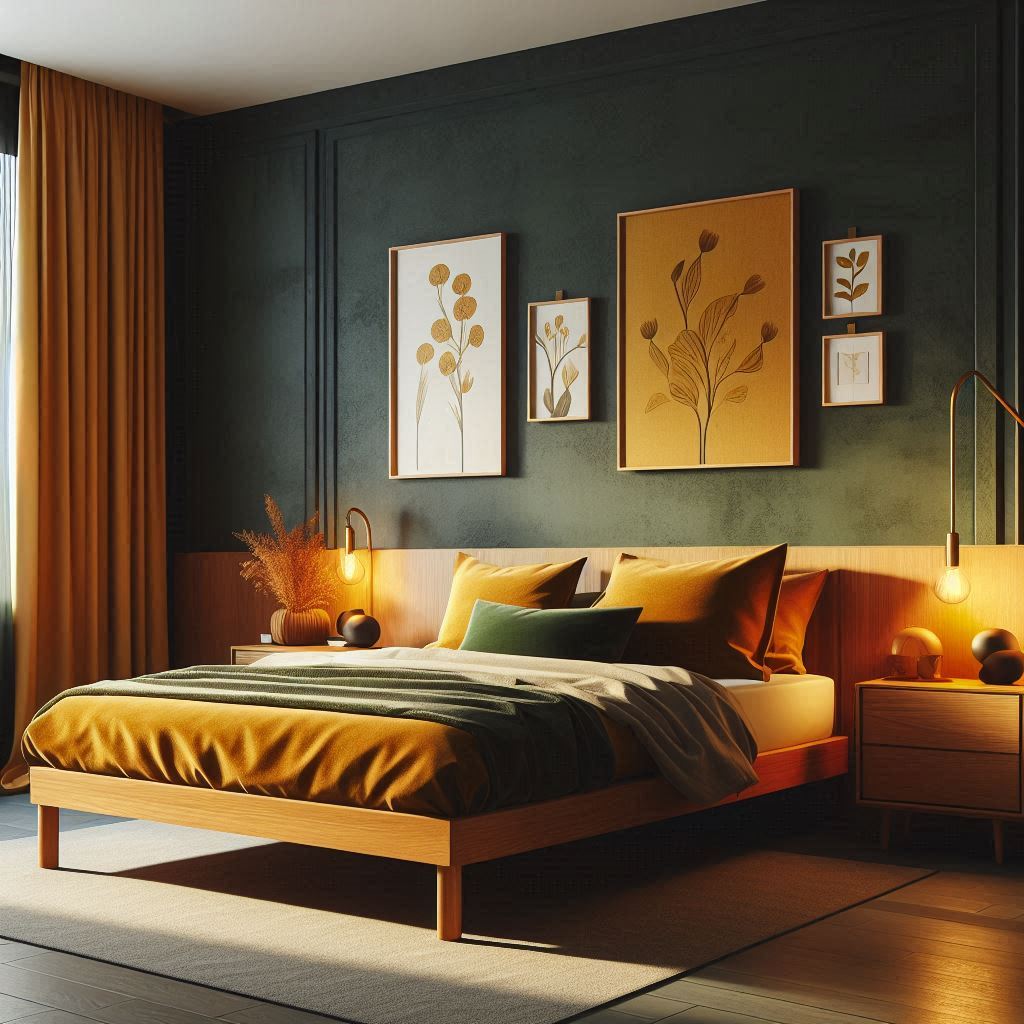18 Stunning Green Accent Wall Bedroom Ideas for a Dreamy, Romantic Retreat 3 Dark Green Accent Wall with a Mid-Century Modern Vibe