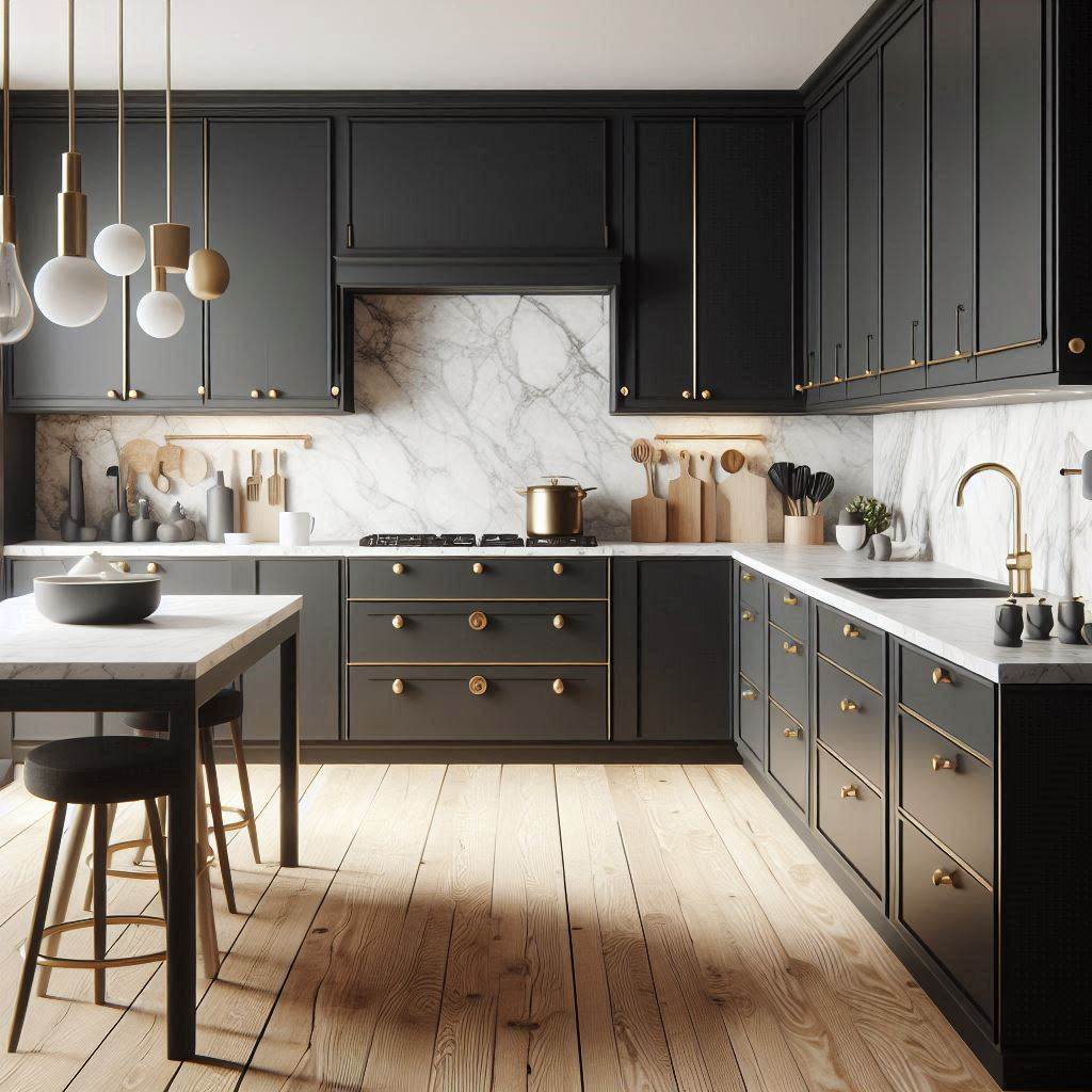 15 Stunning Black Kitchen Cabinets Ideas 2 Sleek Matte Black Cabinets with Brass Hardware