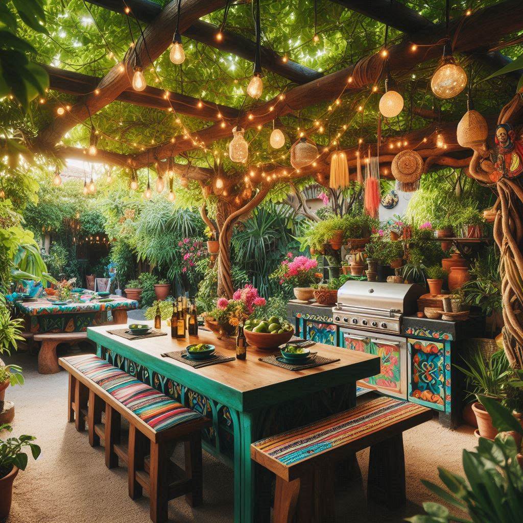 15 Inspiring Mexican Outdoor Kitchen Ideas 11 Hanging String Lights
