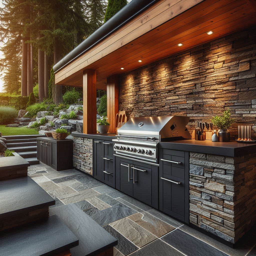 15 Stunning Modern Outdoor Kitchen Ideas 5 Stone-Lined Outdoor Kitchen Elegance