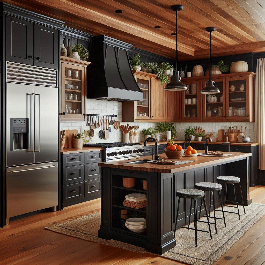 15 Stunning Black Kitchen Cabinets Ideas 7 Two-Tone Drama with Black and Brown Cabinets