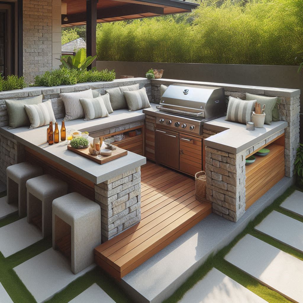 15 Inspiring Small Outdoor Kitchen Ideas 15 Built-In Seating Around Cooking Area