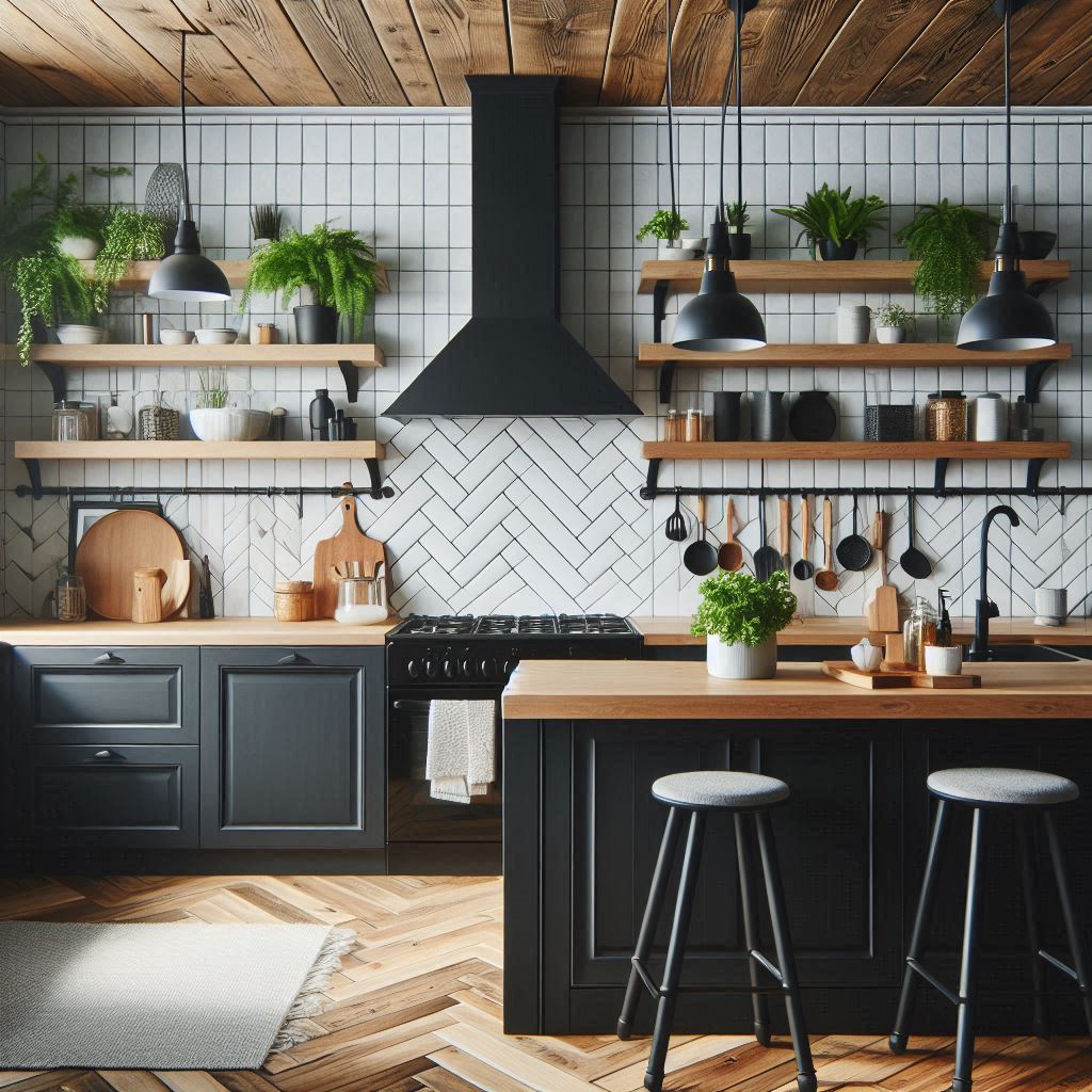15 Stunning Black Kitchen Cabinets Ideas 4 Black Cabinets with Subway Tile and Wood Accents