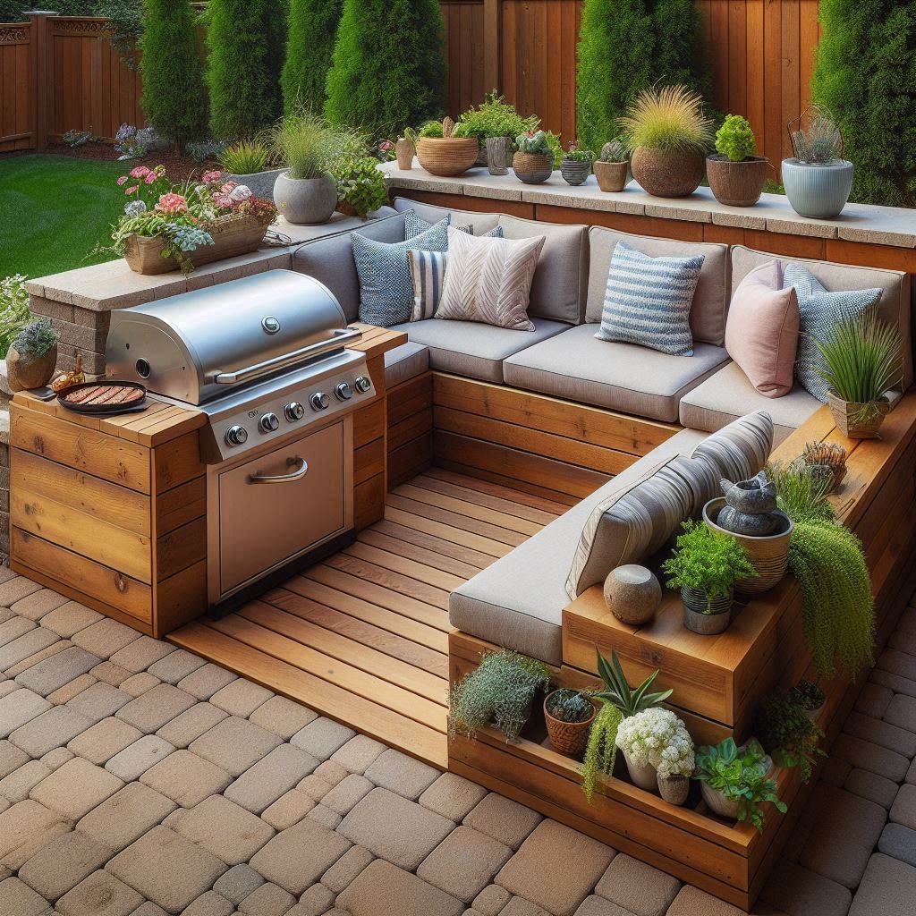 15 Brilliant Cheap Outdoor Kitchen Ideas 16 Built-In Bench with Grill Nook