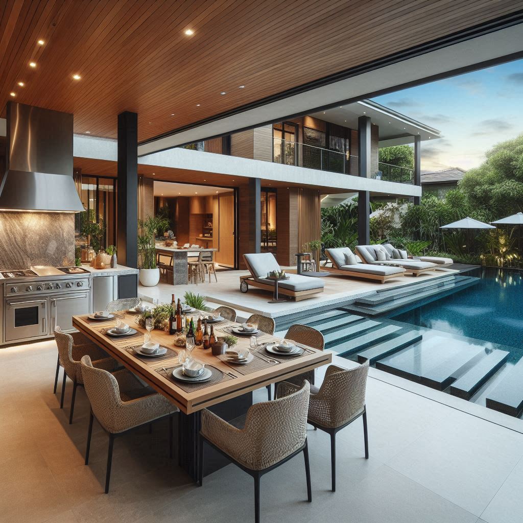 15 Luxury Outdoor Kitchen Ideas 8 Luxury Outdoor Kitchen with Poolside Dining Area