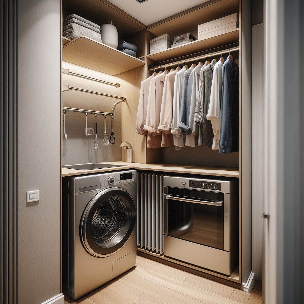 18 Small Laundry Room Ideas with Hanging Rod That Maximize Style and Space 4 Try a Pull-Down Hanging Rod for Flexibility