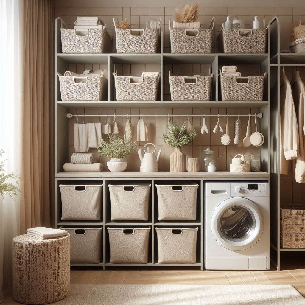 18 Genius Small Laundry Room Ideas with Shelves That Maximize Space & Style 5 Use Shelves with Baskets and Drawers for Hidden Storage