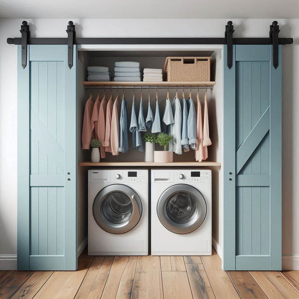 18 Small Laundry Room Makeover Ideas That Maximize Style and Function 9 Hide it Behind Barn Doors or Curtains