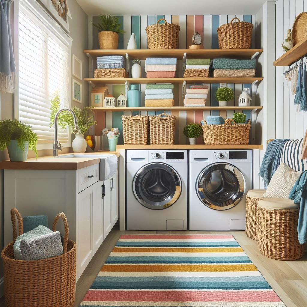 18 Small Laundry Room Makeover Ideas That Maximize Style and Function 12 Add a Cozy, Washable Rug