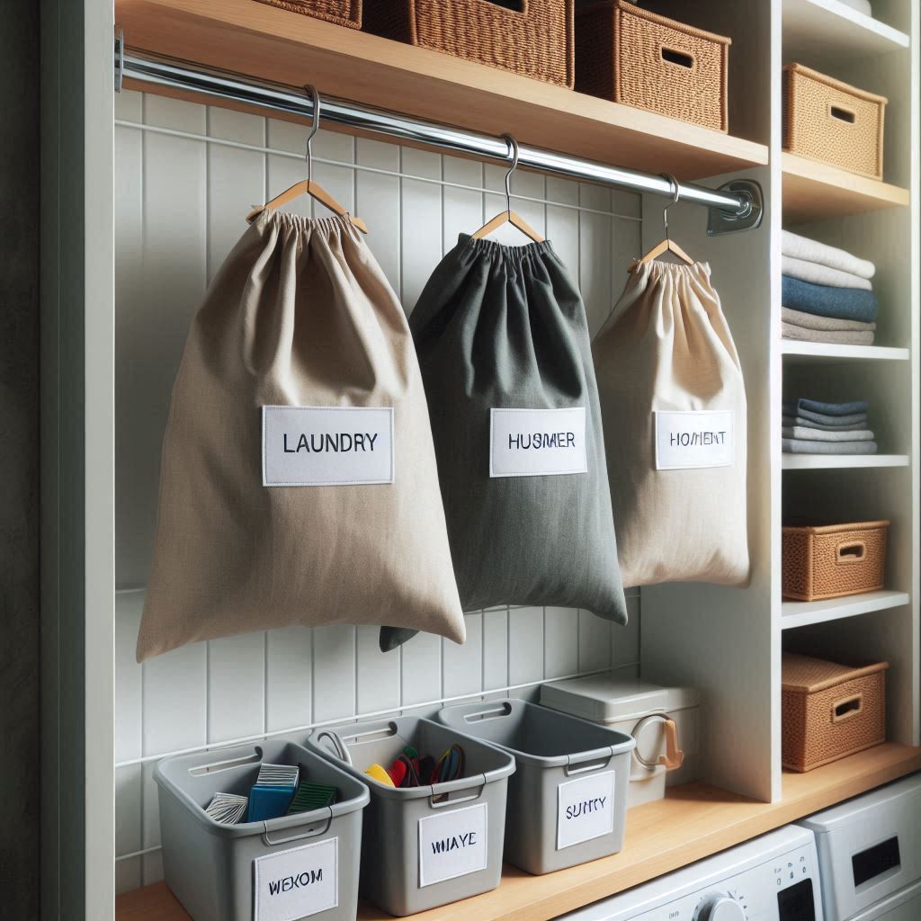 18 Small Laundry Room Ideas with Hanging Rod That Maximize Style and Space 16 Use a Rod to Organize Laundry Bags