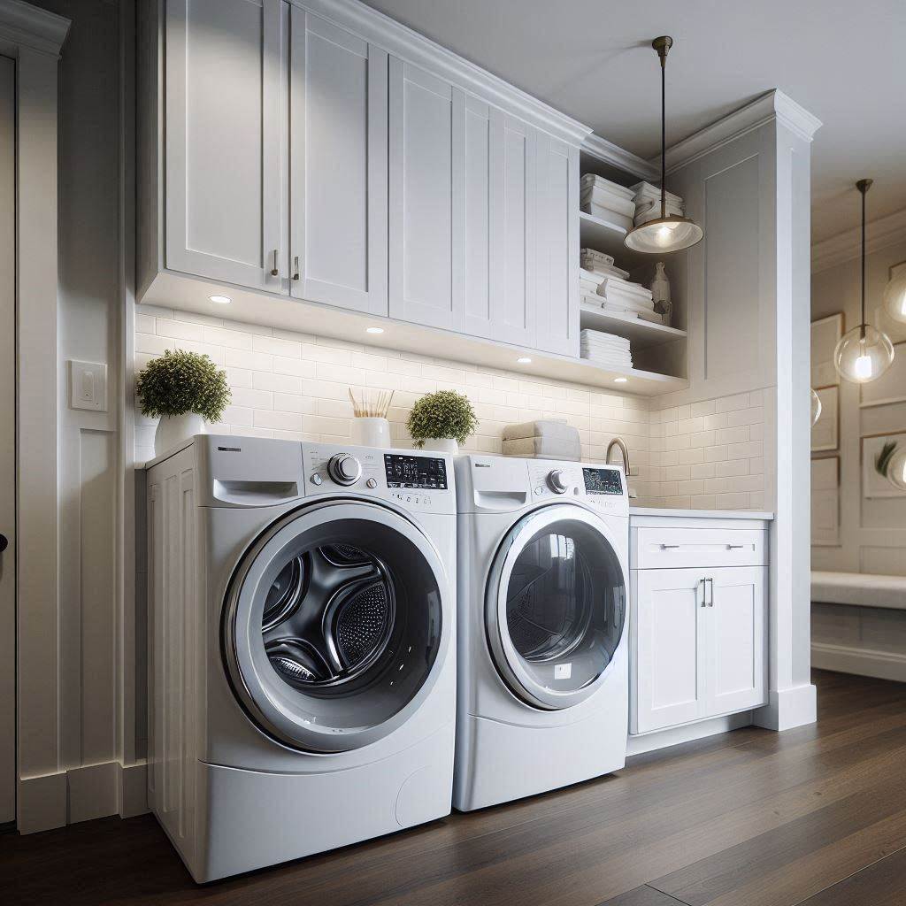18 Small Laundry Room Ideas with Cabinets to Maximize Space and Style 2 Overhead Cabinets Above Washer-Dryer Combo