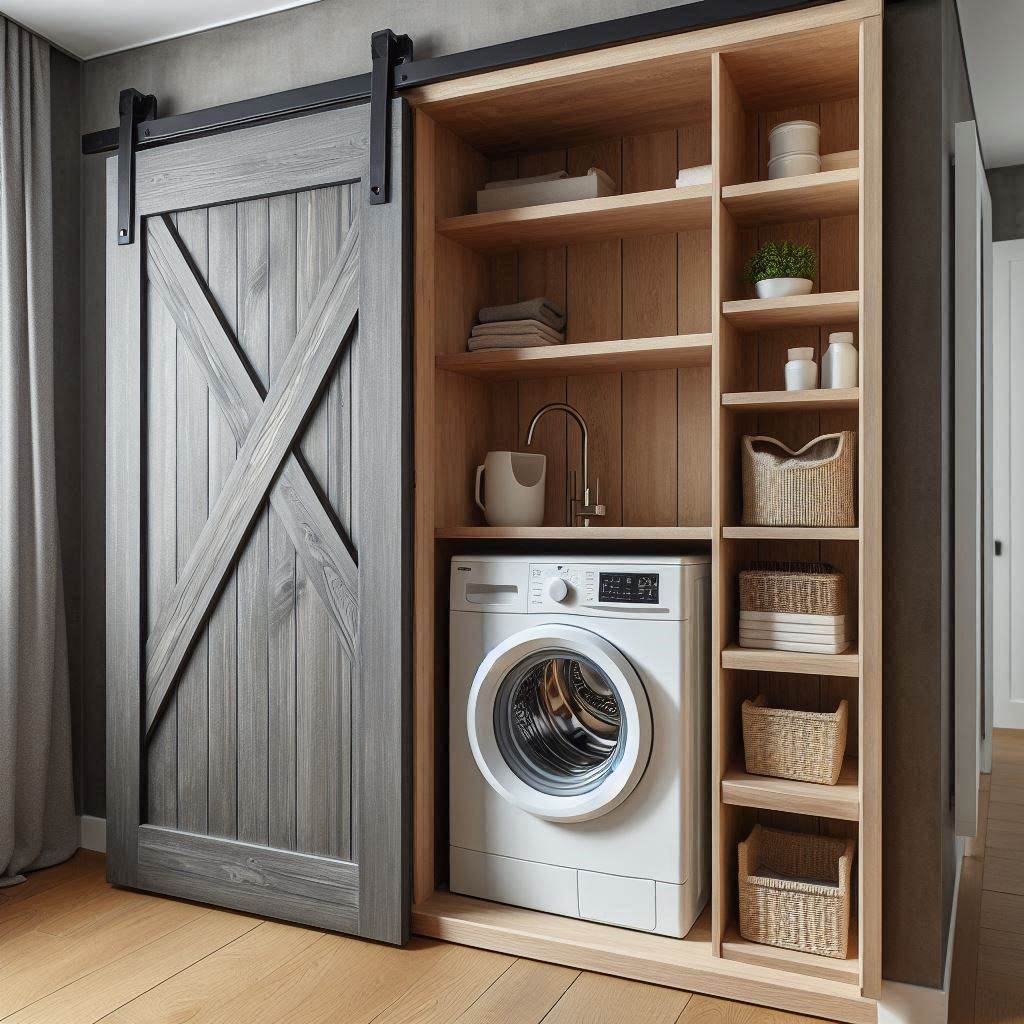 18 Smart & Stylish Laundry Room Ideas for Small Apartments 12 Pocket or Sliding Doors to Conceal Laundry