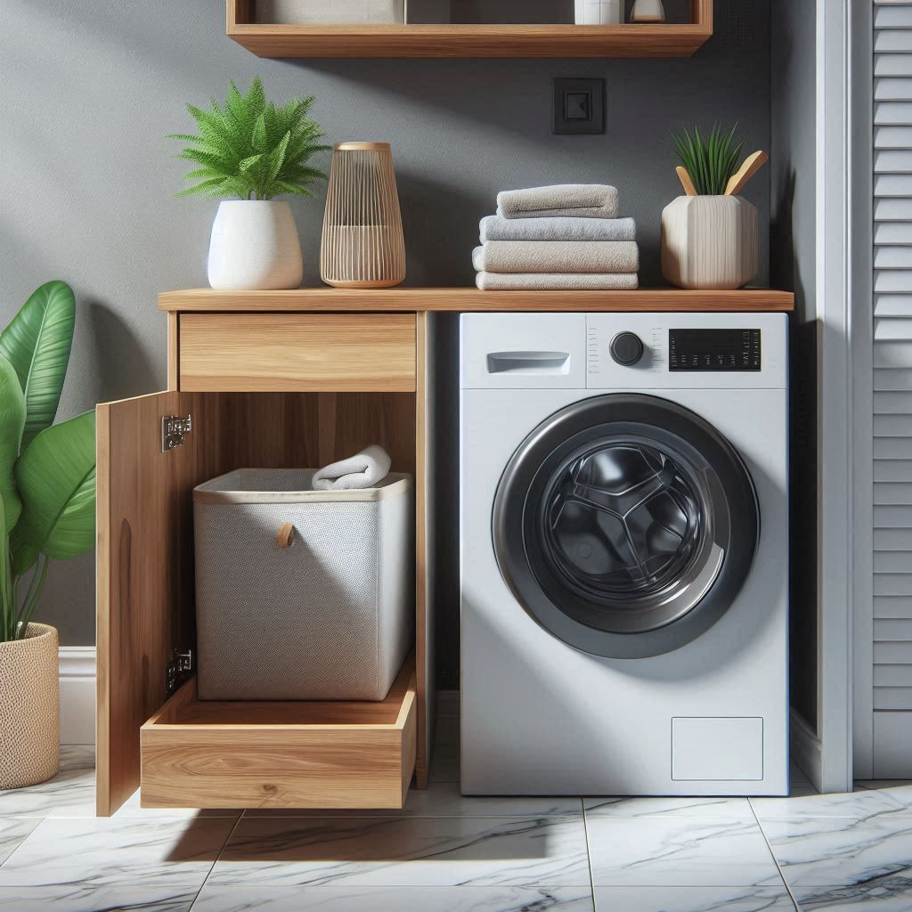 18 Brilliant Small Laundry Room Ideas with Front Loader for Space-Saving Homes 5 Slide-Out Hamper Cabinet