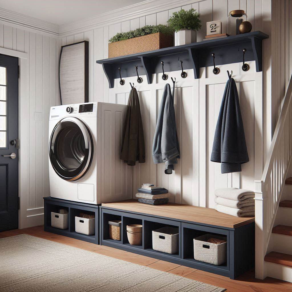 18 Brilliant Small Laundry Room Ideas with Front Loader for Space-Saving Homes 14 Dual-Purpose Mudroom Combo