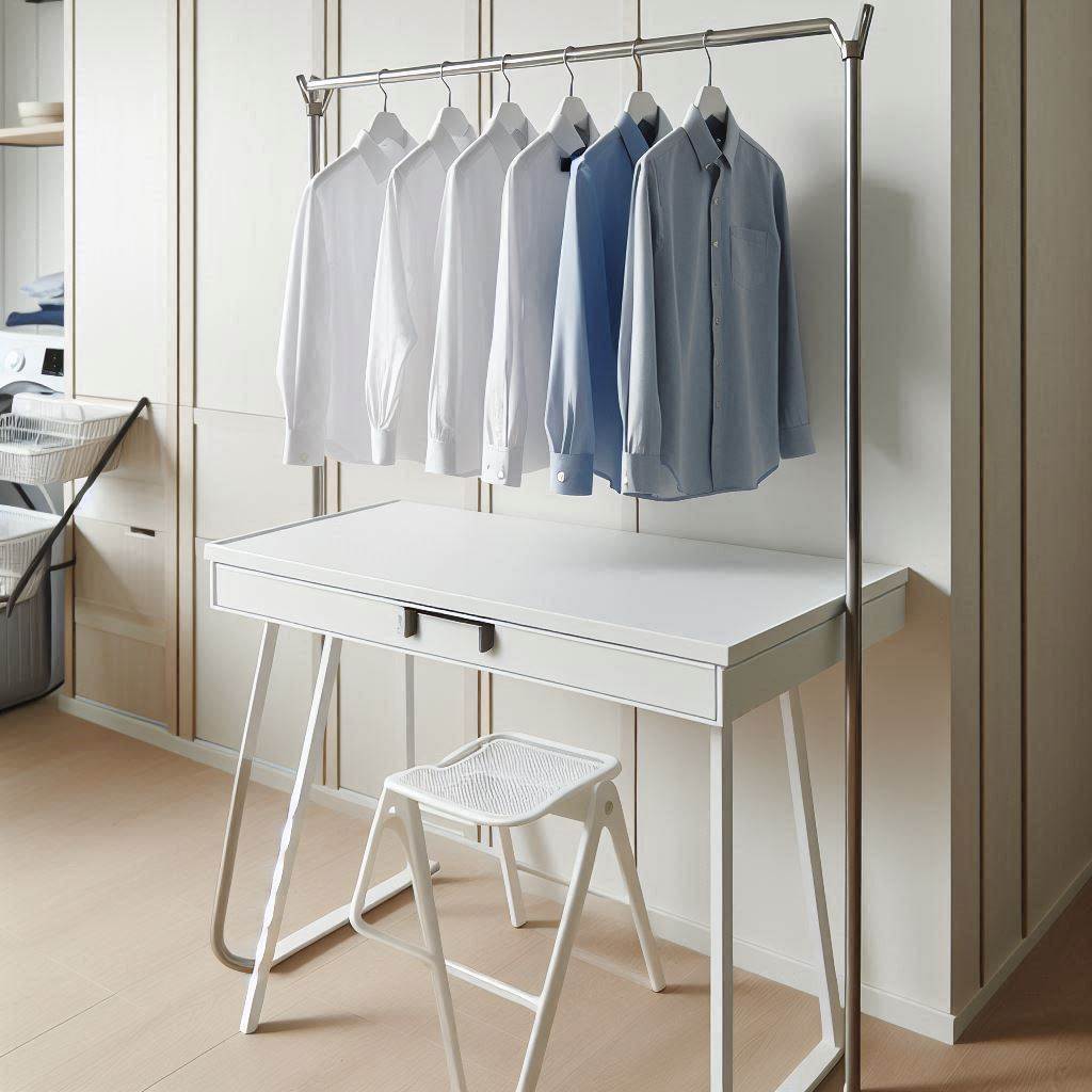 18 Small Laundry Room Ideas with Hanging Rod That Maximize Style and Space 14 Add a Rod Under a Folding Counter