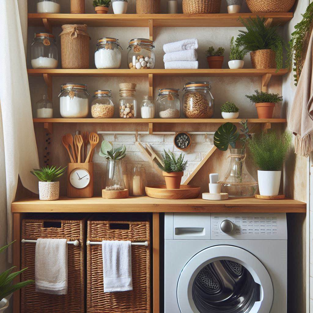 18 Small Laundry Room Ideas with Stackable Washer and Dryer 16 Open Shelf Styling