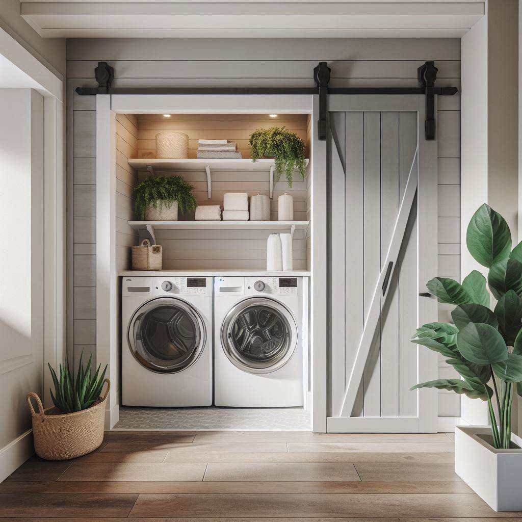 18 Brilliant Small Laundry Room Ideas with Front Loader for Space-Saving Homes 9 Behind a Barn Door