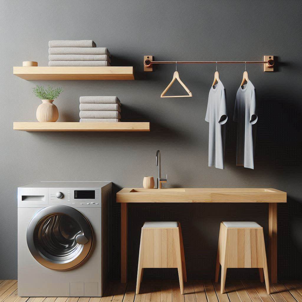 18 Small Laundry Room Ideas with Hanging Rod That Maximize Style and Space 11 Use Open Shelving with a Hanging Rod Below