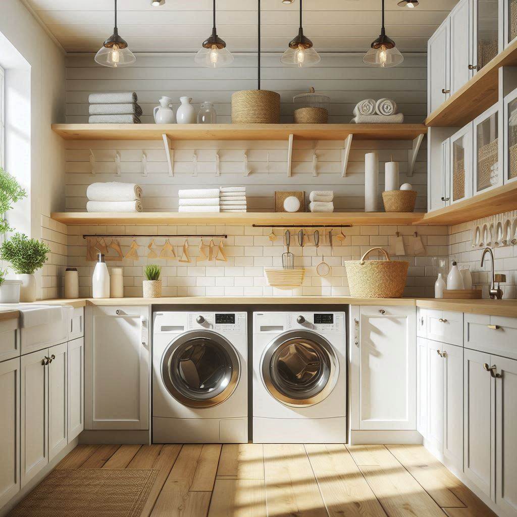 18 Small Laundry Room Ideas with Cabinets to Maximize Space and Style 4 Combo of Cabinets and Open Shelves