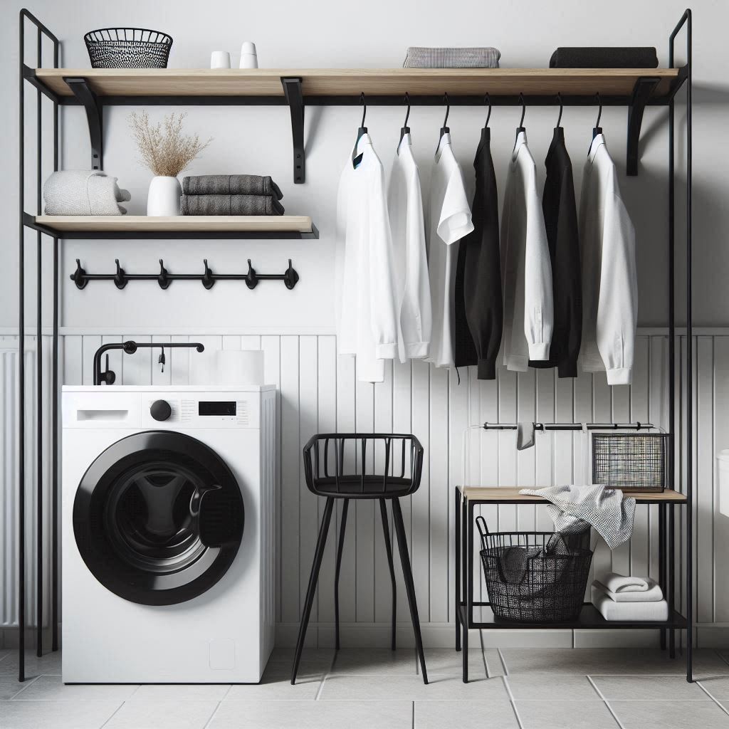 18 Small Laundry Room Ideas with Hanging Rod That Maximize Style and Space 8 Create a Bold Contrast with a Black Hanging Rod