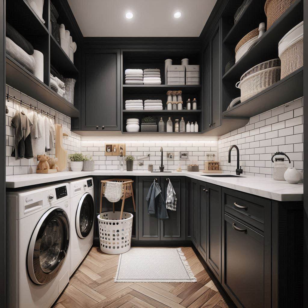 18 Small Laundry Room Ideas with Cabinets to Maximize Space and Style 12 Black Cabinets for Modern Elegance