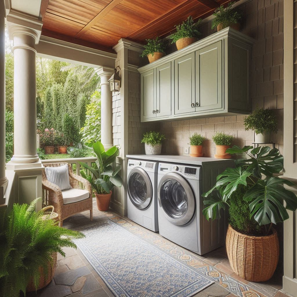 18 Small Laundry Room Ideas with Stackable Washer and Dryer 9 Back Porch Laundry Hideaway