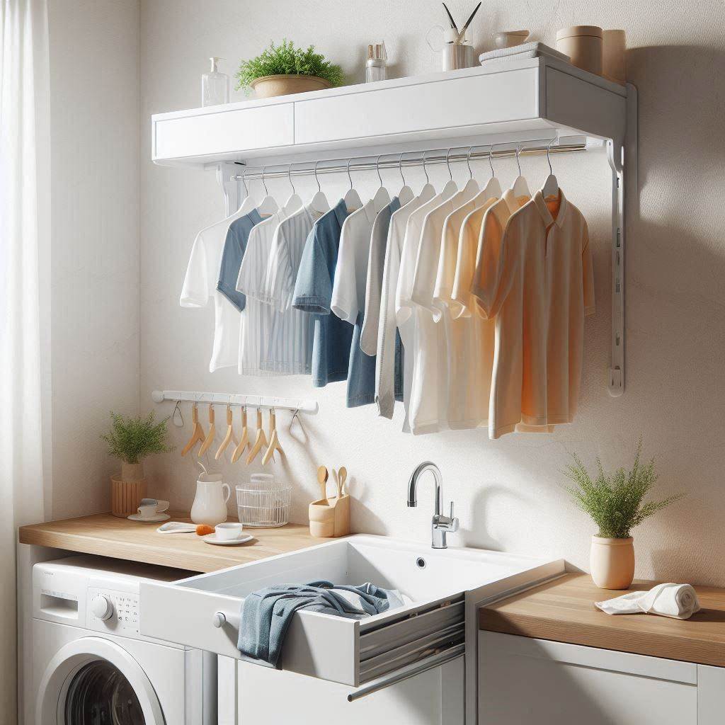 18 Small Laundry Room Makeover Ideas That Maximize Style and Function 11 Incorporate a Pull-Out Drying Rack