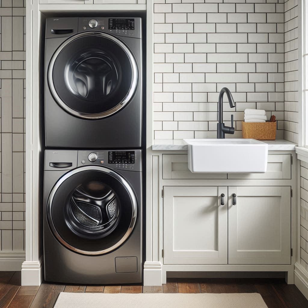 18 Small Laundry Room Ideas with Sink That Make Every Inch Count 3 Stacked Washer-Dryer with Side Utility Sink