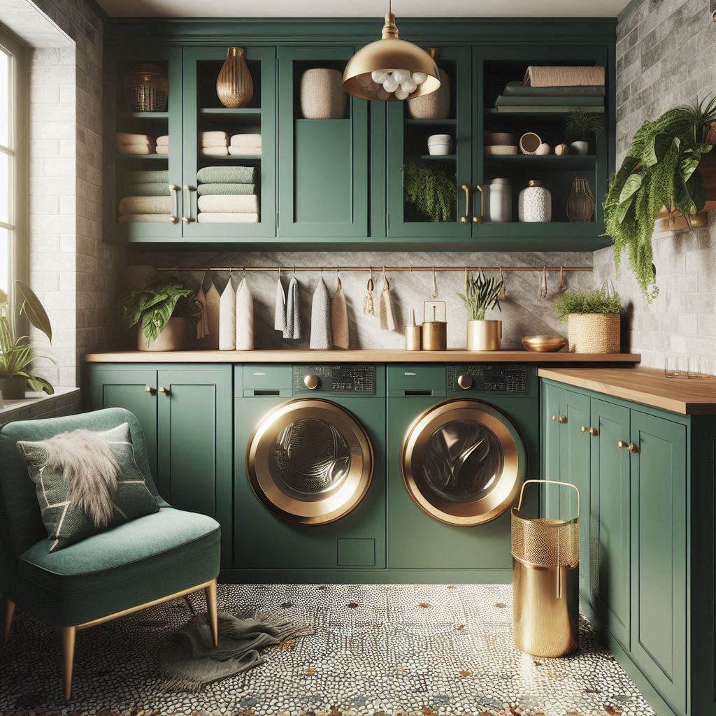 18 Small Laundry Room Ideas with Cabinets to Maximize Space and Style 11 Deep Green Cabinets for a Bold Lo