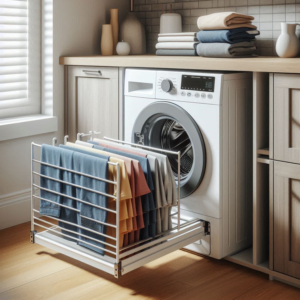 18 Small Laundry Room Ideas with Stackable Washer and Dryer 11 Add a Pull-Out Laundry Rack